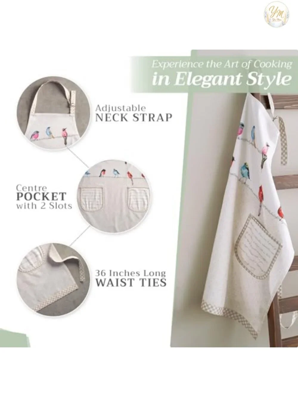 100% Cotton Adjustable Apron with Pockets, Chef Cooking, Gardening, Server Maid